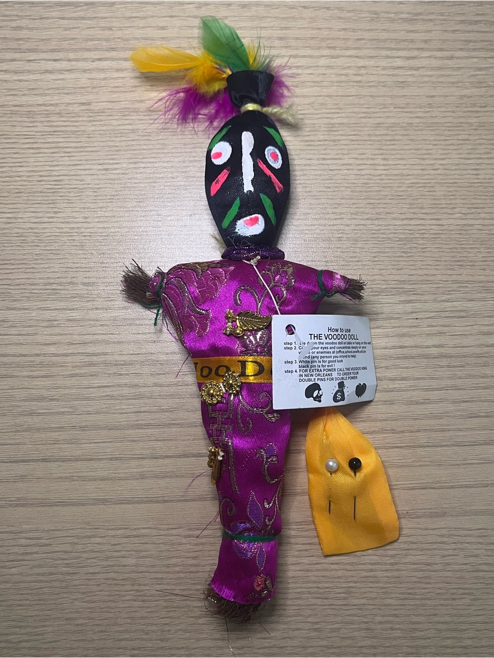 Vintage New Orleans Voodoo Doll Purple Brocade Spanish Moss Feather Pins Tag